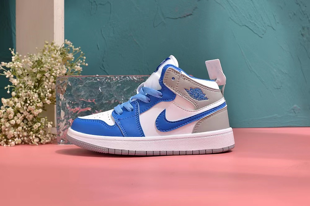 Youth Running Weapon Air Jordan 1 White/Blue/Grey Shoes 0141
